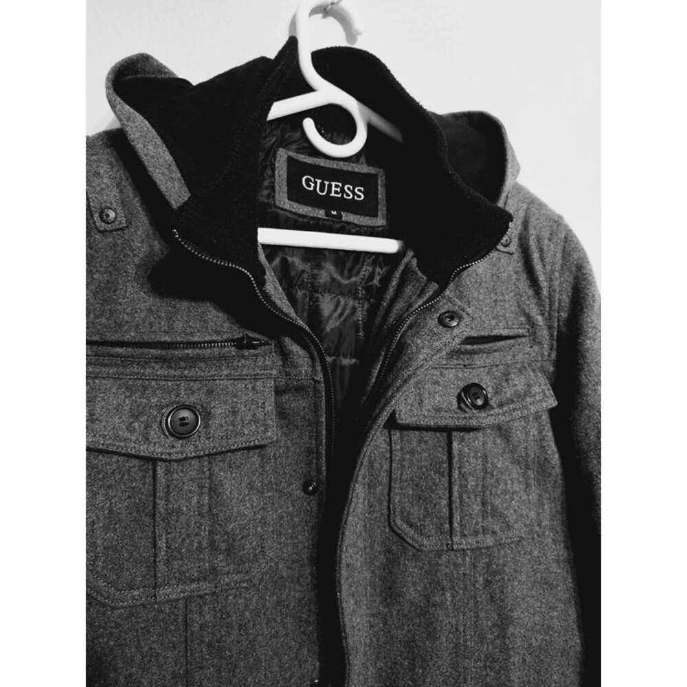 GUESS Men's Gray Wool-Blend Hooded Military Field Utility Jacket - Size M